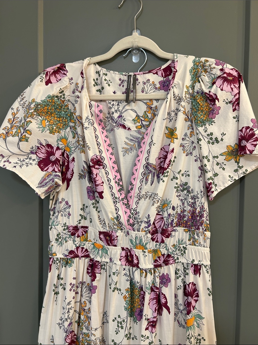 Anthropologie Cream Maxi Dress with Purple & Yellow Floral Print women’s size M